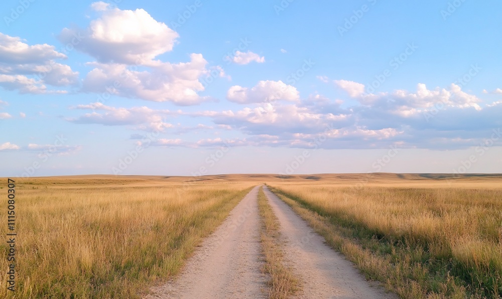 Dirt road vanishing into golden prairie under a blue sky with fluffy clouds. Dirt road vanishing into golden prairie under a blue sky with fluffy clouds.