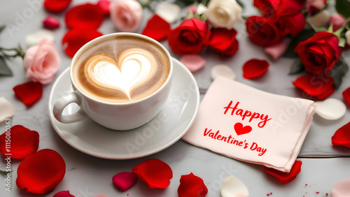 Heart Latte Art Coffee with Rose Petals and Valentine’s Day Note