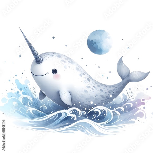 흰 배경, 일각고래, 애니메이션 아트, jpeg (White background, narwhal, animation art, jpeg)