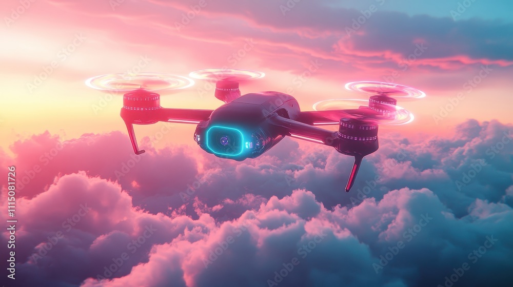 Futuristic Drone Flying Above Vibrant Pink and Orange Clouds During a Stunning Sunset in a Dreamlike Sky