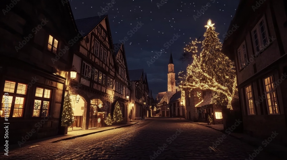Obraz premium Cobblestone streets come alive under a starlit sky, illuminated by the warm glow of festive decorations. Charming buildings surround a beautifully lit Christmas tree, creating a magical ambiance