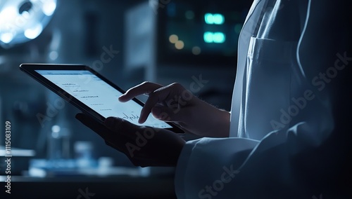 Digital Tablet Data Analysis: Healthcare Professional Reviews Medical Charts Electronically at Night