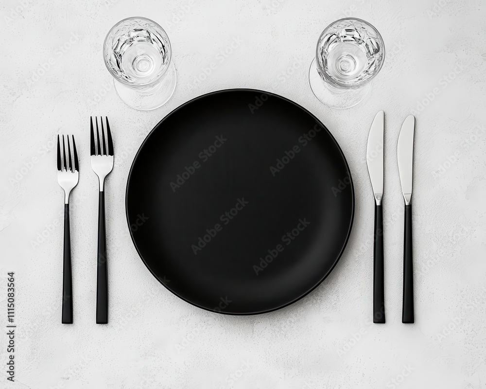 A modern dining setup with matte black plates, silver cutlery, and crystal glasses, styled for a sleek, elegant dinner A modern dining setup with matte black plates, silver cutlery, and crystal glasses, styled for a sleek, elegant dinner