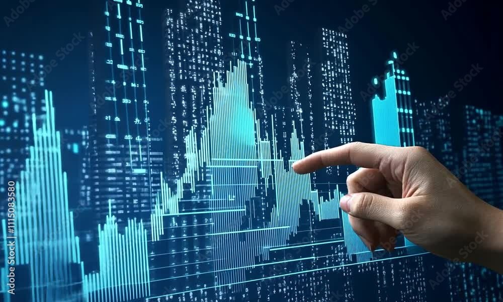 A hand points at a digital graph displaying data trends and analytics on a futuristic background.