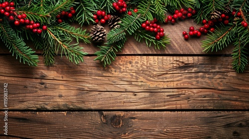 Rustic Christmas background with pine branches and red berries.