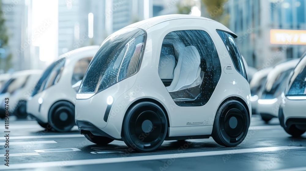 Obraz premium A futuristic, compact electric vehicle navigates a modern cityscape, showcasing innovation in urban transportation and sustainable design.