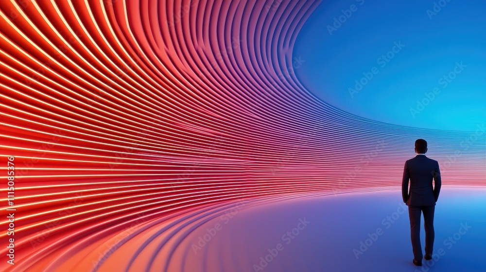 Surreal landscape with vibrant waves and a solitary figure. Surreal landscape with vibrant waves and a solitary figure.