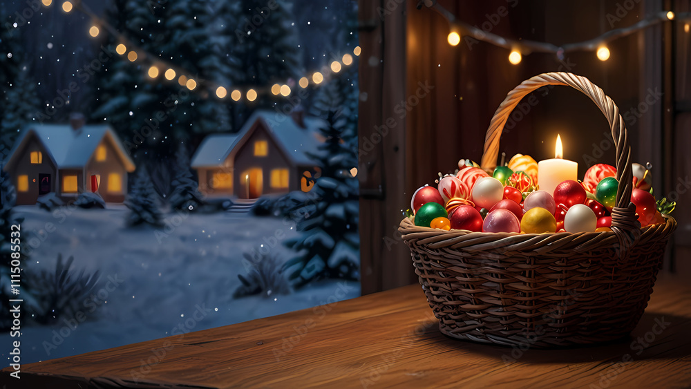 Naklejka premium a cozy and festive scene featuring a basket filled with colorful candies and candy canes placed on a wooden table With christmas background theme