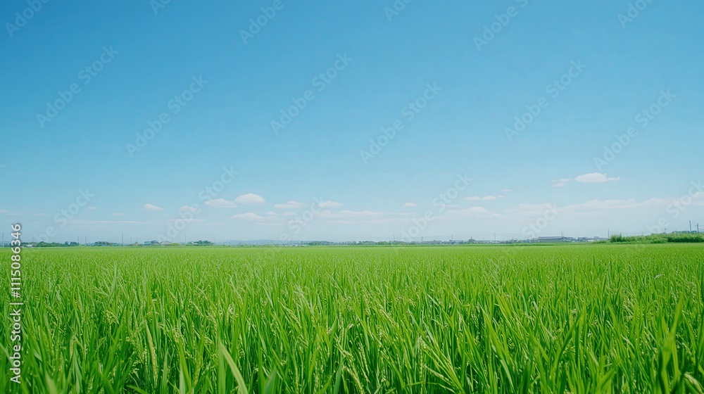 Fototapeta premium Train Zooming Past Bright Green Paddy Fields