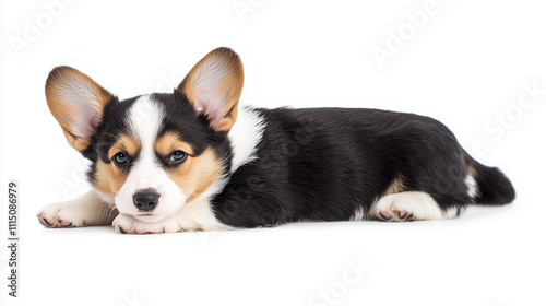 Corgi Puppy Posing for a Portrait: A charming Pembroke Welsh Corgi puppy in a relaxed, endearing pose, perfect for pet-related projects or showcasing the cuteness of this popular breed. 