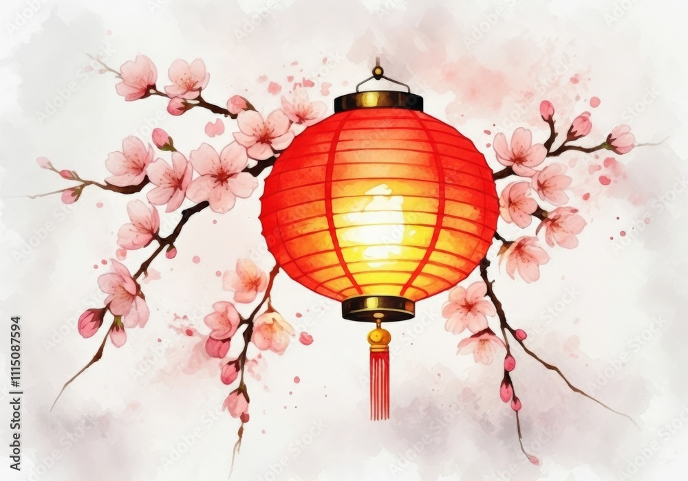 Obraz premium Watercolor Painting of Red Lantern and Cherry Blossoms