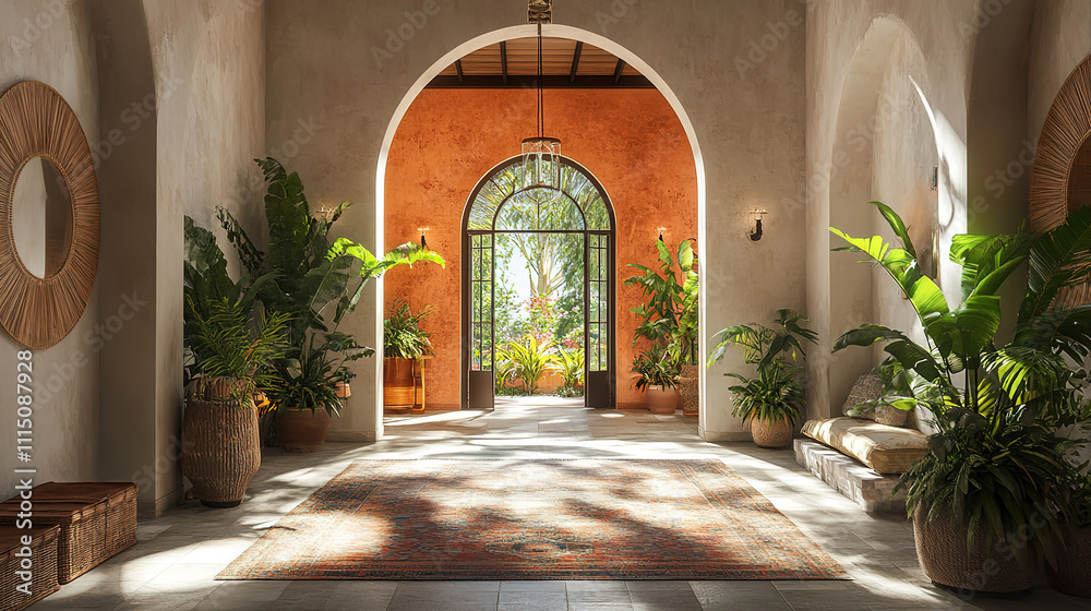 Fototapeta premium Boho Mediterranean interior design of modern hall with arched walls