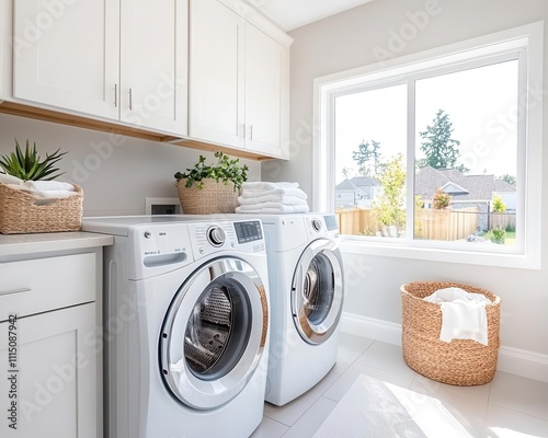 Wallpaper Mural Bright laundry room with frontloading washer, folding table, and organized storage bins, Laundry room organization, modern and tidy Torontodigital.ca