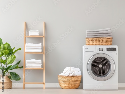 Compact laundry room with stacked washer and dryer, wallmounted cabinets, and hanging rod, Laundry room organization, spacesaving and functional photo