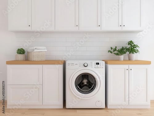 Laundry room with builtin cabinets, frontloading washer, and folding table, Laundry organization, organized and modern photo