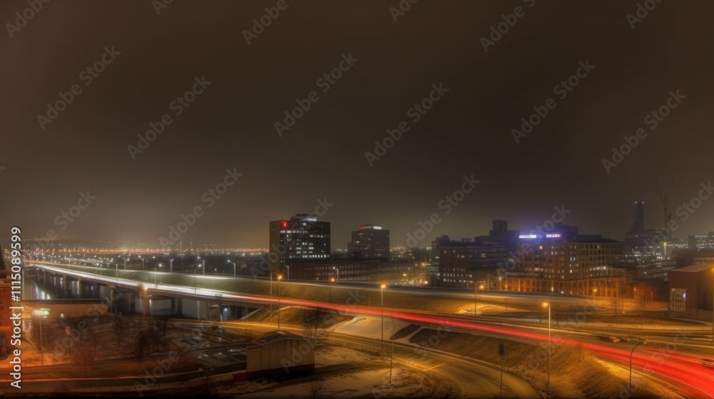 Night view of a cityscape with illuminated buildings and a highway. Night view of a cityscape with illuminated buildings and a highway.