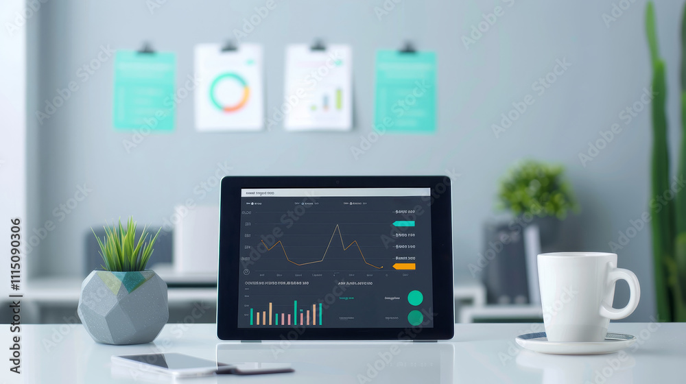 Monitoring stock trends on a tablet mockup in a modern office environment Monitoring stock trends on a tablet mockup in a modern office environment