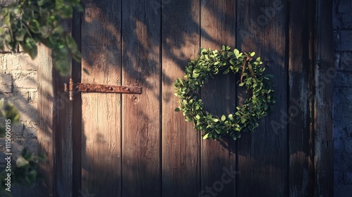 Rustic wooden door with greenery wreath charming cottage photo natural lighting close-up home decor inspiration