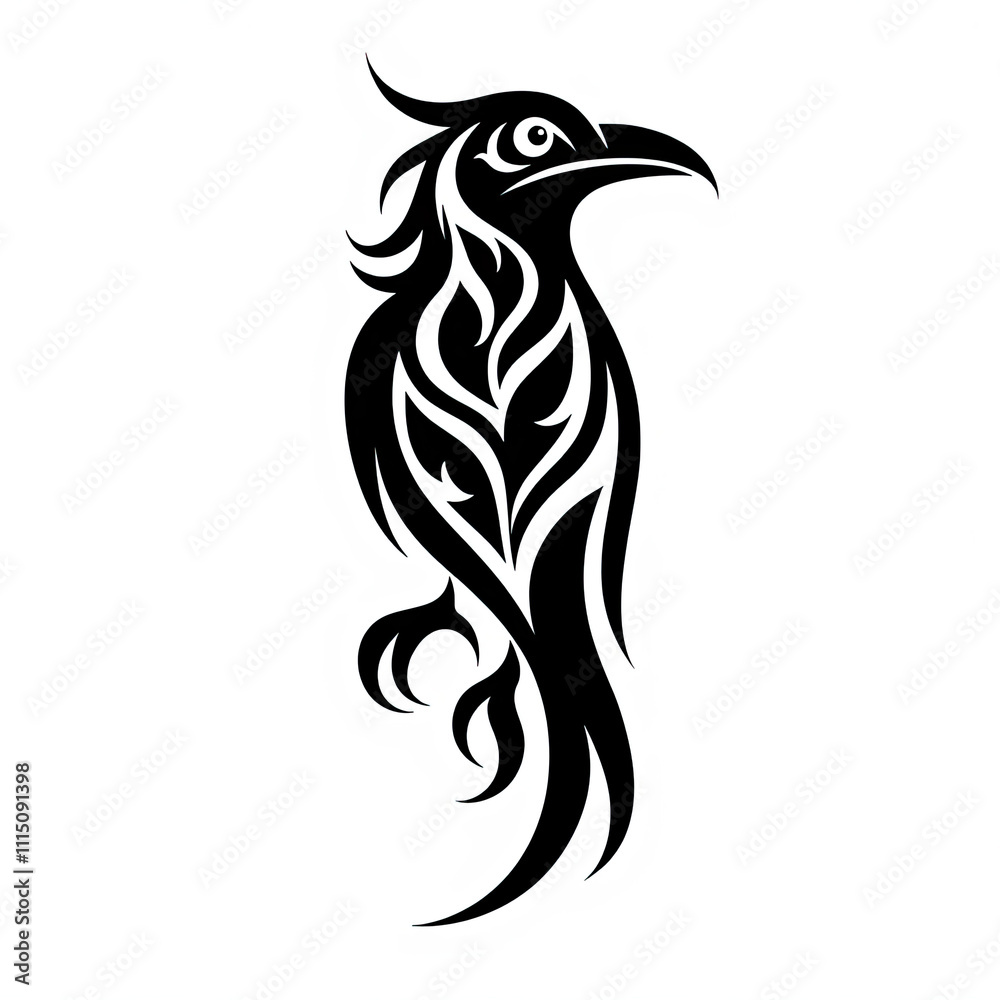 Obraz premium Black tribal-style raven tattoo with intricate curves and bold lines, perfect for artistic body art ideas or prints.