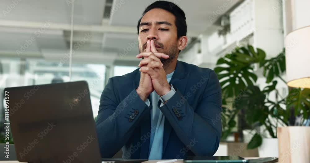 Nervous, businessman and thinking of laptop for stress, startup funding or performance review. Serious Asian person, scared banker or worry with technology for ideas, brainstorming or company risk Nervous, businessman and thinking of laptop for stress, startup funding or performance review. Serious Asian person, scared banker or worry with technology for ideas, brainstorming or company risk