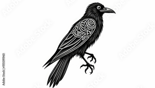 Black raven tattoo with outspread wings and intricate details, perfect for symbolizing strength and freedom.