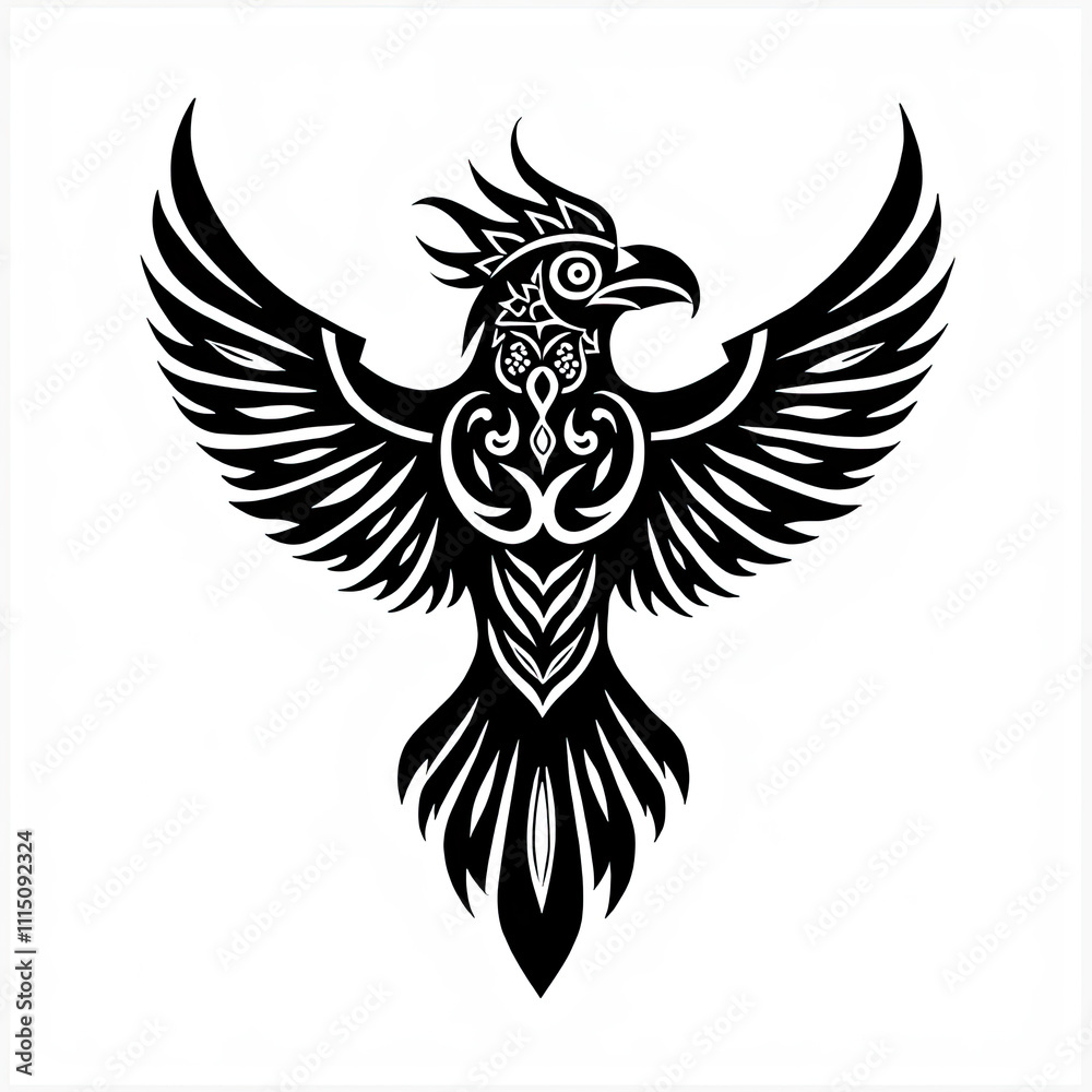 Obraz premium Intricate symmetrical raven tattoo with black ink, perfect for artistic and bold body art enthusiasts.