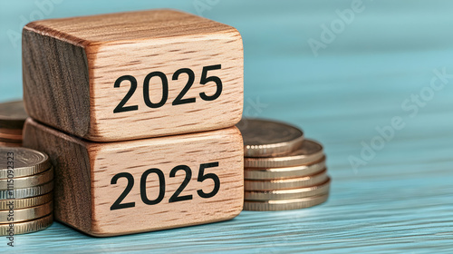 Wallpaper Mural Place the 2025 wooden cube by hand on the sky blue background, copy space, and coin stack. The idea of budgeting and accumulating funds for 2025 investments Torontodigital.ca