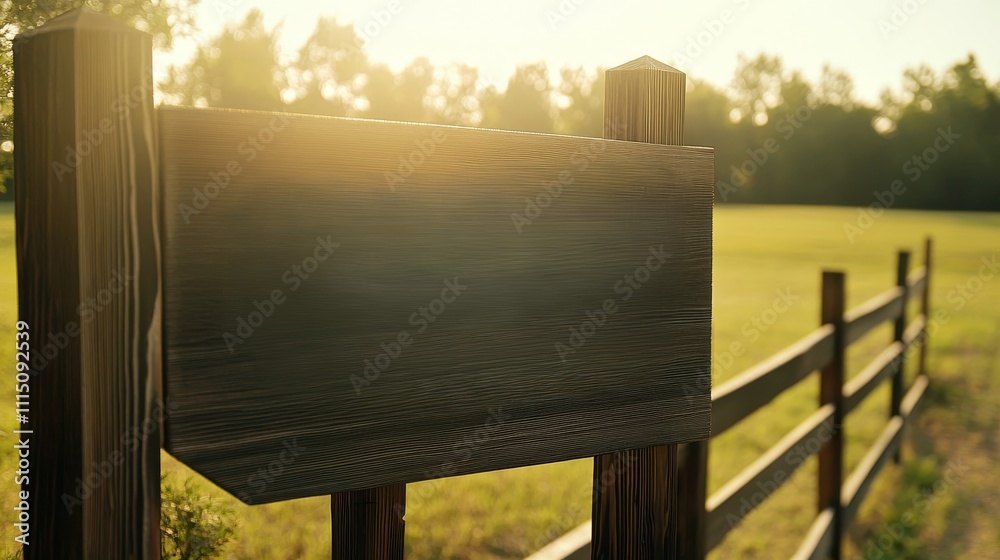 Fototapeta premium A wooden signpost in a sunlit field with a fence in the background.