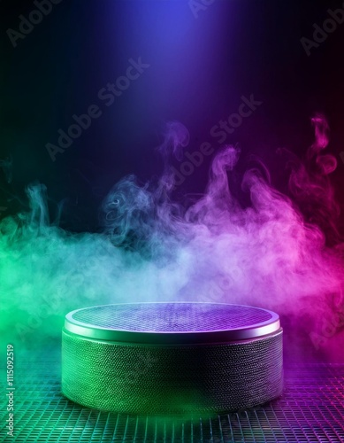 Abstract 3D Podium with Neon Spotlights and Smoke Effect, Futuristic Product Display Background