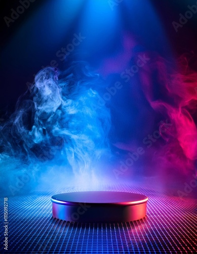 Abstract 3D Podium with Neon Spotlights and Smoke Effect, Futuristic Product Display Background