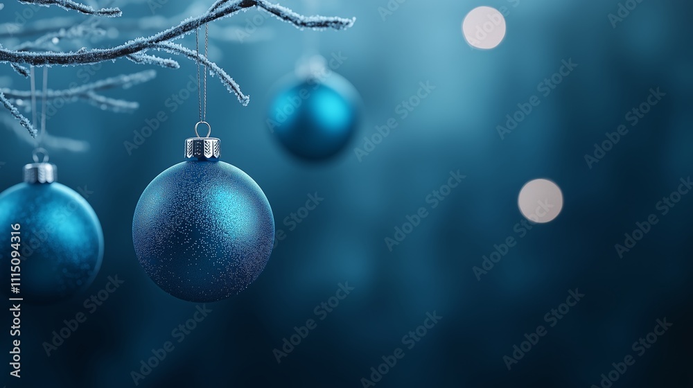 Obraz premium A serene image of blue and silver Christmas ornaments hanging from frosted branches, with a soft glowing light behind, creating a peaceful atmosphere 