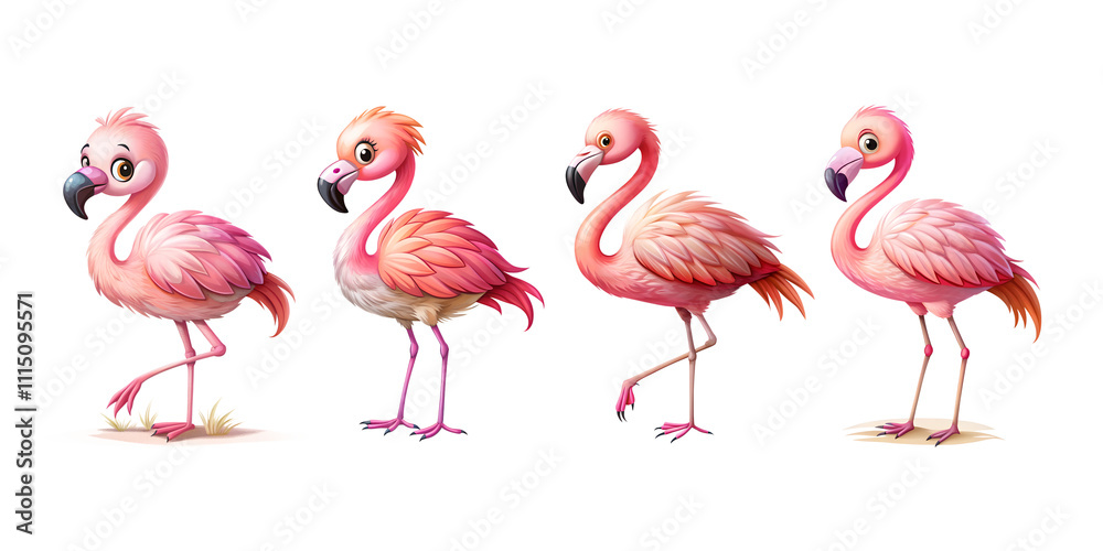 Obraz premium Adorable cute pink flamingo watercolor clipart isolated on transparent background