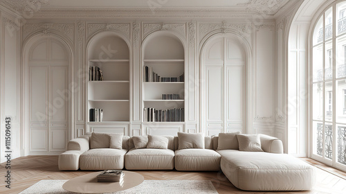 Stylish Parisian living room with French windows, sofa, bookcase, and parquet floor accents