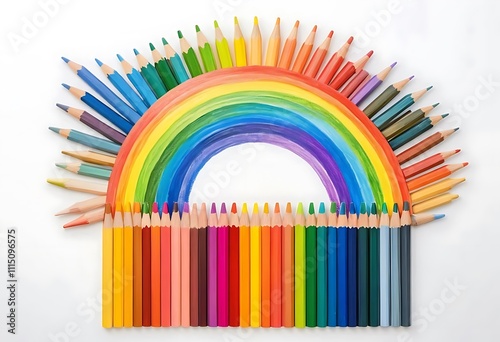Set of color pencils with rainbow drawing isolated on white background.
