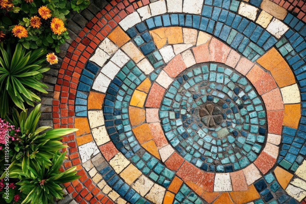 Fototapeta premium Vibrant circular mosaic pattern with surrounding flowers and leaves