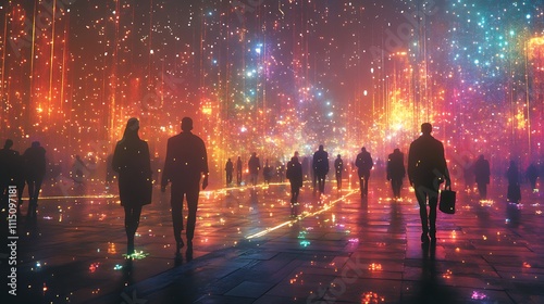 Ethereal night walkers amidst colorful lights urban landscape photo