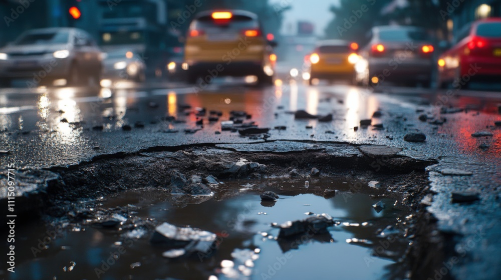 Pothole on Crowded Road with Dirt and Asphalt Fragments Pothole on Crowded Road with Dirt and Asphalt Fragments