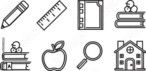Education and school icons in black and white featuring books rulers and apples ideal for academic, learning and educational material designs
