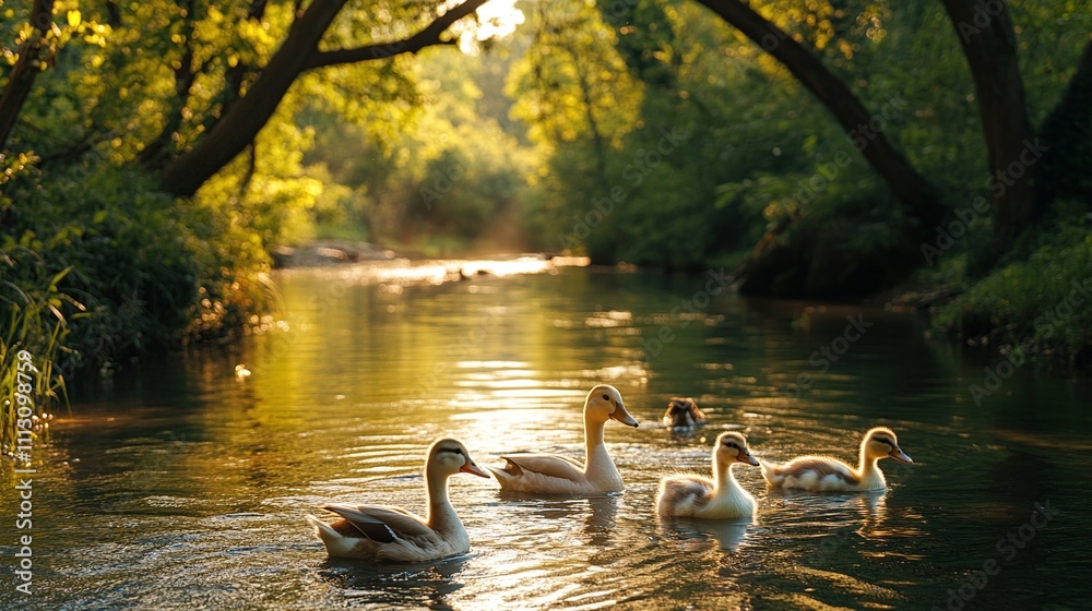 Fototapeta premium Serene Sunset River: Ducks and Golden Hour Tranquility