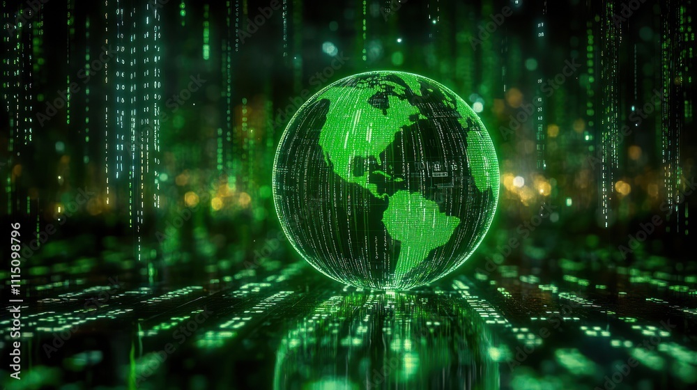 Glowing Green Earth Globe Surrounded by Binary Code in Cyberpunk Style Representing Technology, Connectivity and Globalization Glowing Green Earth Globe Surrounded by Binary Code in Cyberpunk Style Representing Technology, Connectivity and Globalization