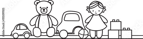 Toys and children's playtime vector icons in black and white featuring teddy and building blocks ideal for kids activities childhood themes and toy related designs