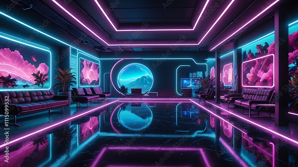Obraz premium Futuristic Neon Lounge with Panoramic Sci-Fi Landscape View
