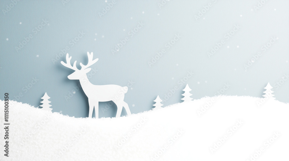 Papercut Winter Wonderland: A minimalist papercraft scene of a reindeer and snow-covered trees against a blue background.  Simple, delicate, and evocative of winter holidays.
