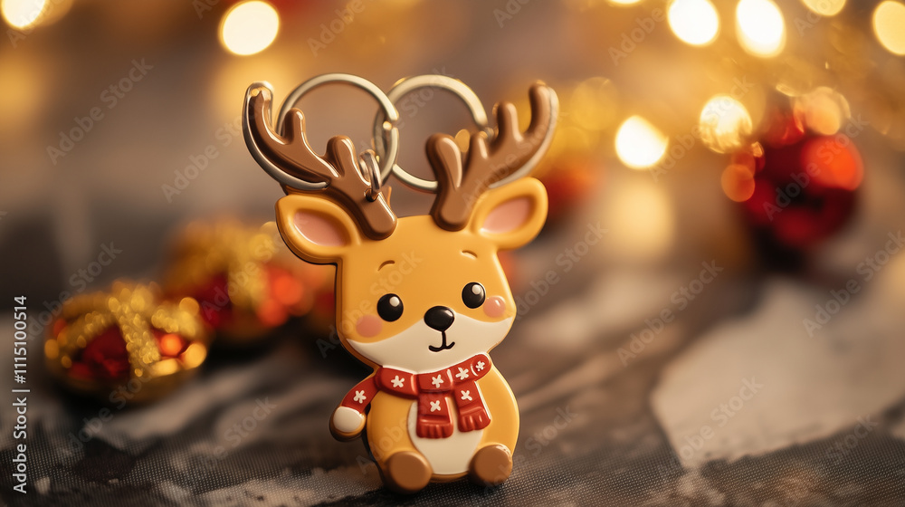 Fototapeta premium Adorable Reindeer Keychain Christmas Ornament Festive Lights Decor