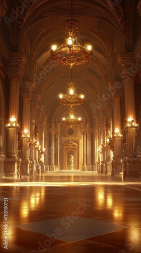 Opulent and Grandiose Palace Interior, Ornate Architectural Design with Chandeliers and Mirrors