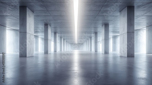 Vast, minimalist concrete interior with columns. Ideal for architectural, modern, or industrial designs.