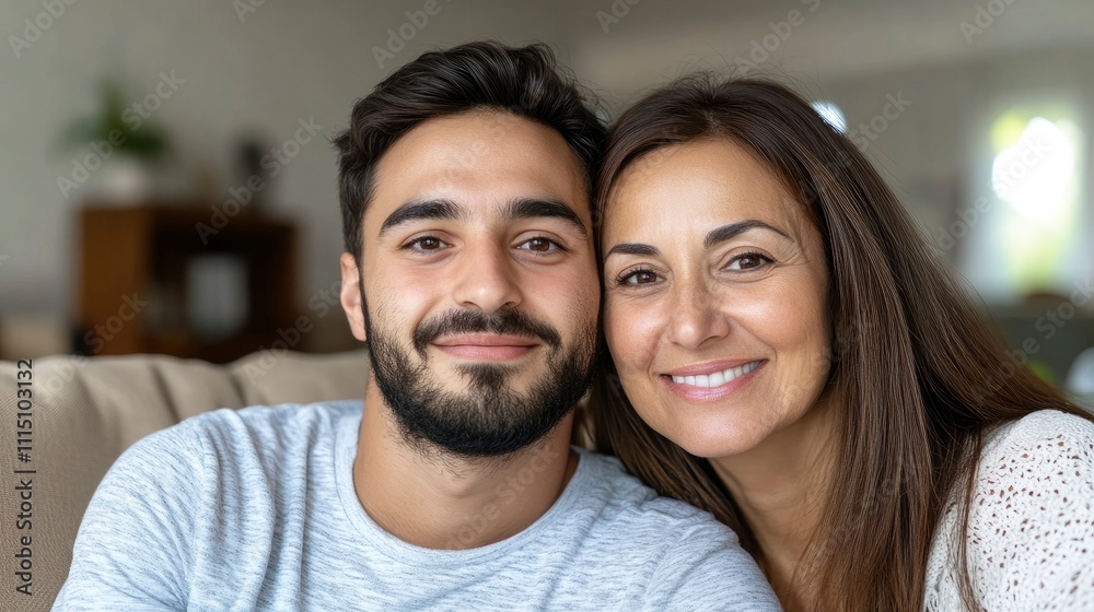 a happy, smiling young man with his mother, sitting on the sofa at home, looking at the camera and hugging each other a happy, smiling young man with his mother, sitting on the sofa at home, looking at the camera and hugging each other