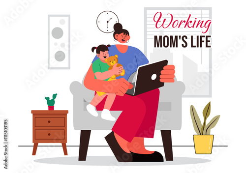 Working Mom's Life Vector Illustration Featuring a Mother Balancing Work and Childcare at Home, Multitasking in a Flat Style Cartoon Background