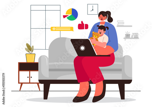 Working Mom's Life Vector Illustration Featuring a Mother Balancing Work and Childcare at Home, Multitasking in a Flat Style Cartoon Background