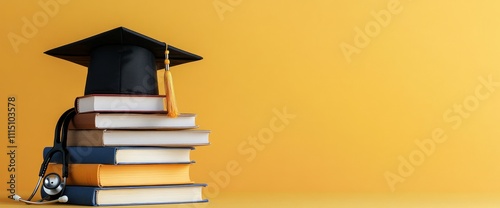 Graduation Cap and Stethoscope on Books